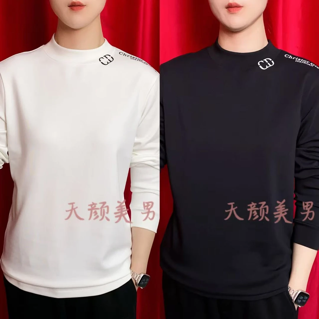 男装打底衫字母胶印时尚黑白透气秋冬保暖冬季中领男长袖25163