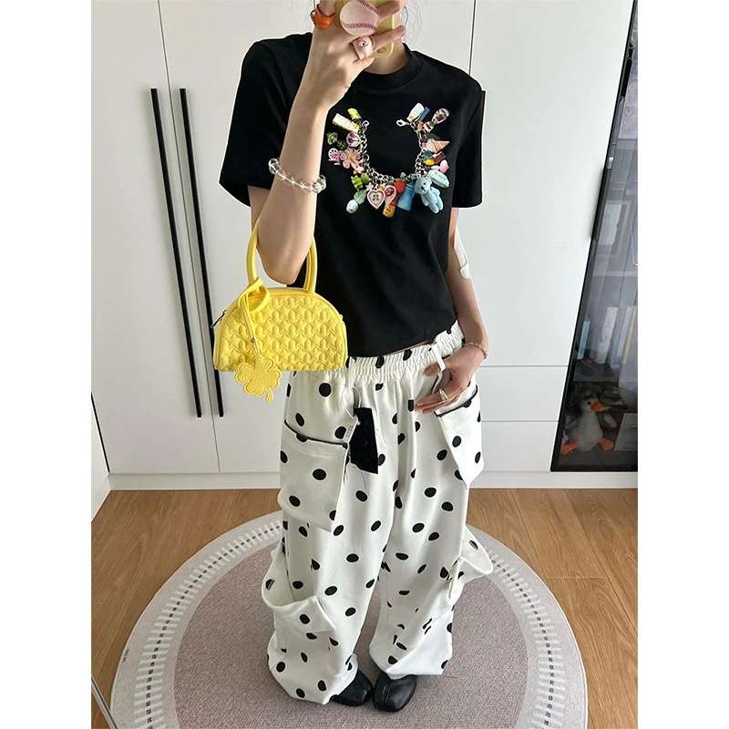 美式黑色小熊印花正肩短袖t恤女设计感小众夏季新款修身辣妹上衣