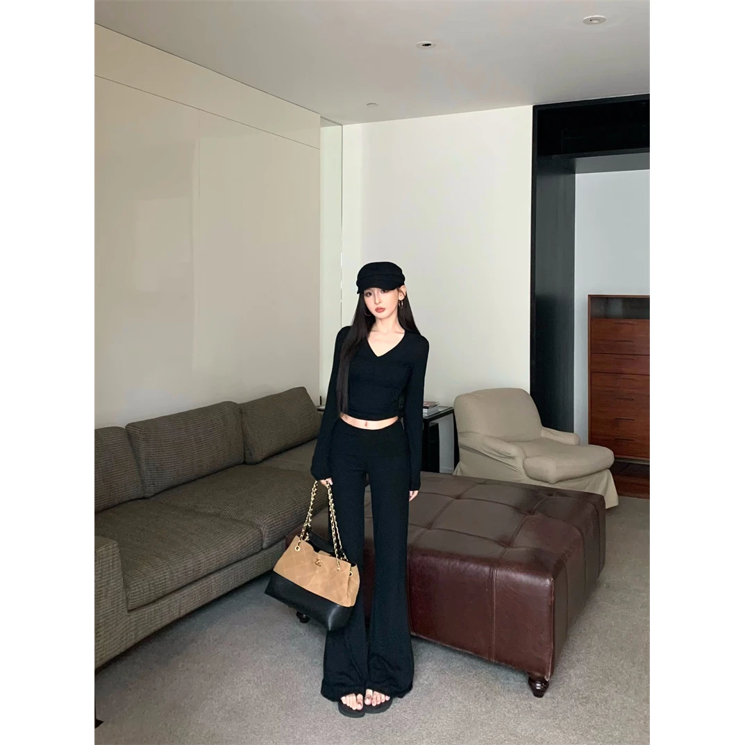 简约风纯色V领长袖上衣长裤半身裙两件套#8234-2