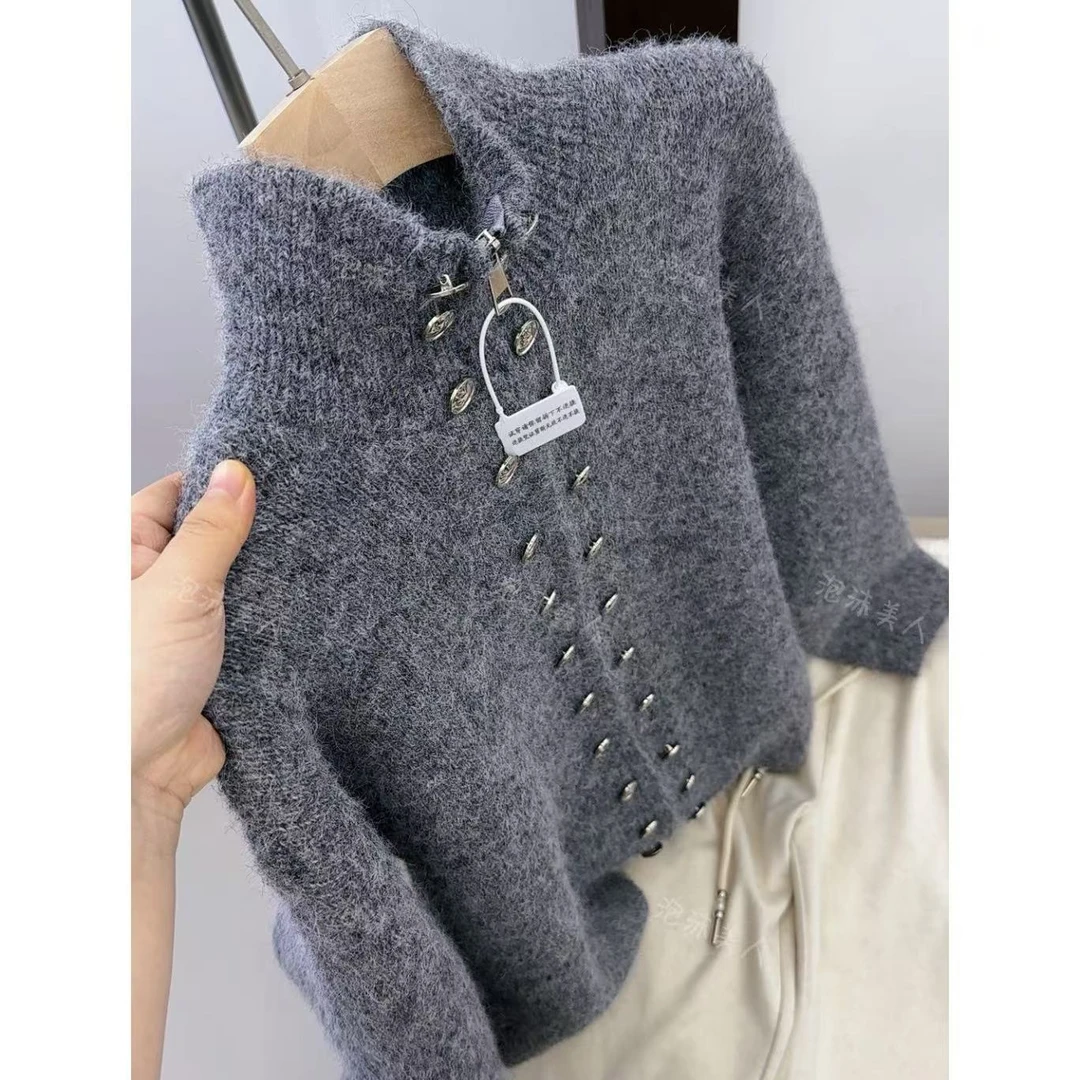 复古格雷系灰色高领毛衣外套女秋冬穿搭慵懒高级感双拉链针织开衫