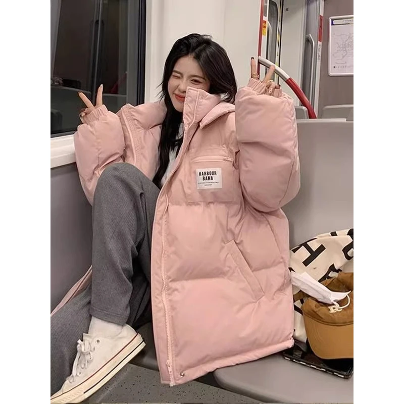 棉服2024冬季新款粉色女连帽学生宽松加厚棉衣连帽棉袄外套