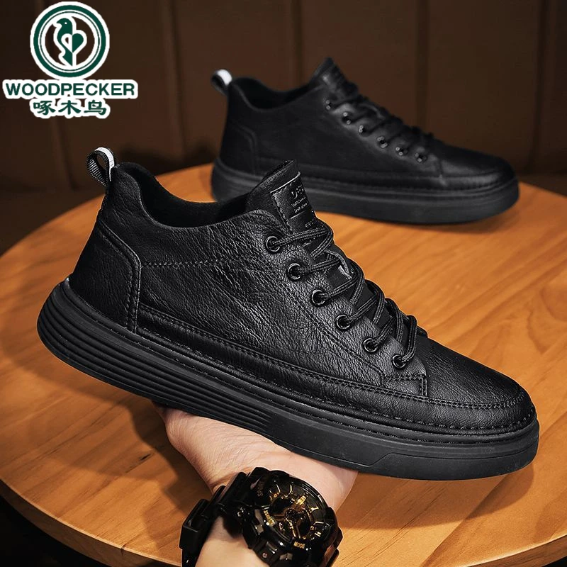 【正品】啄木鸟秋季男鞋英伦休闲男士皮鞋男2025新款春秋黑色男款板