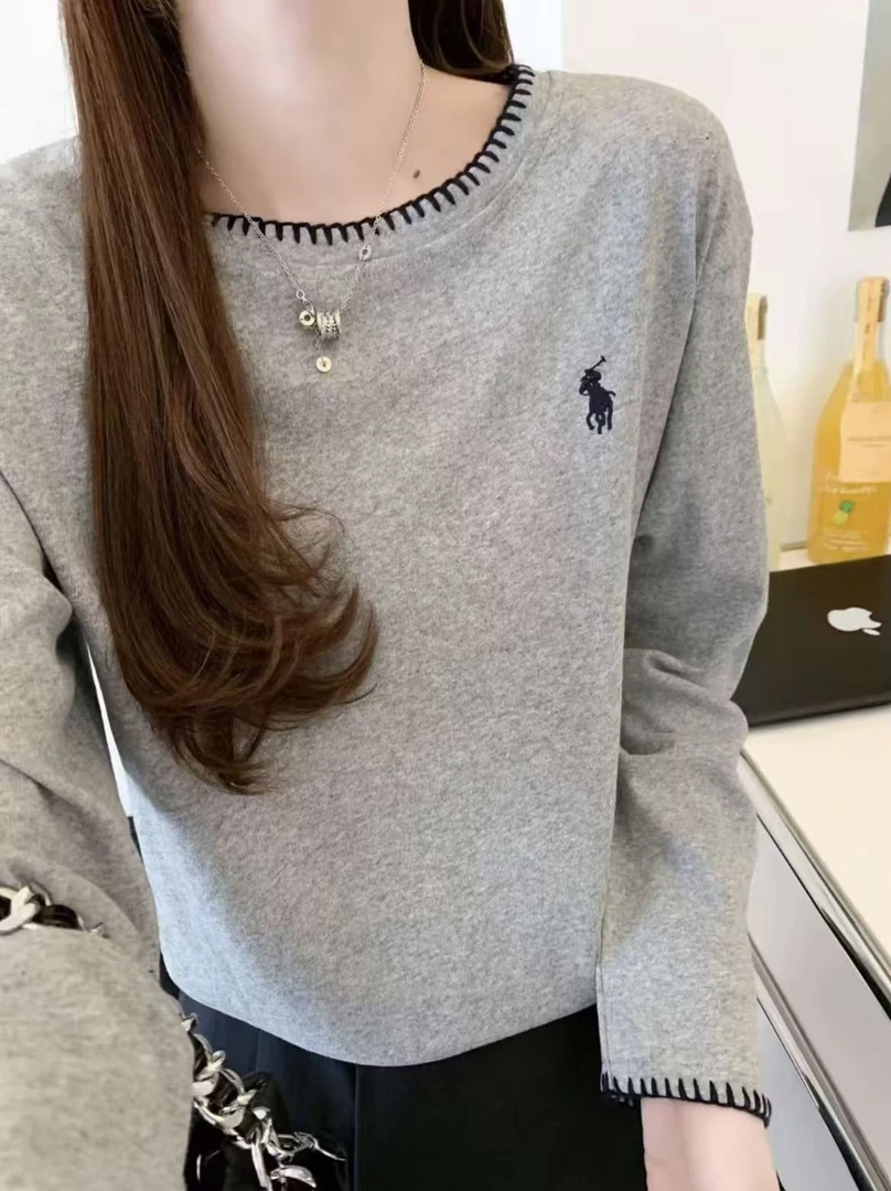 小马刺绣撞色正肩长袖女秋季2025新款明线设计感显瘦长袖打底衫