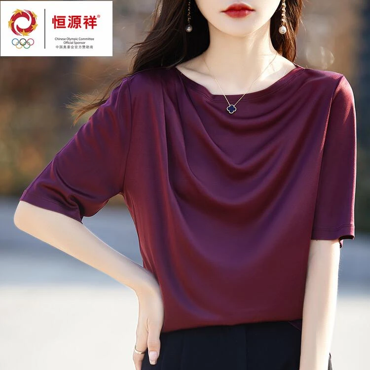 醋酸短袖t恤女夏2024新款女装纯色圆领不规则褶皱收腰半袖上衣女