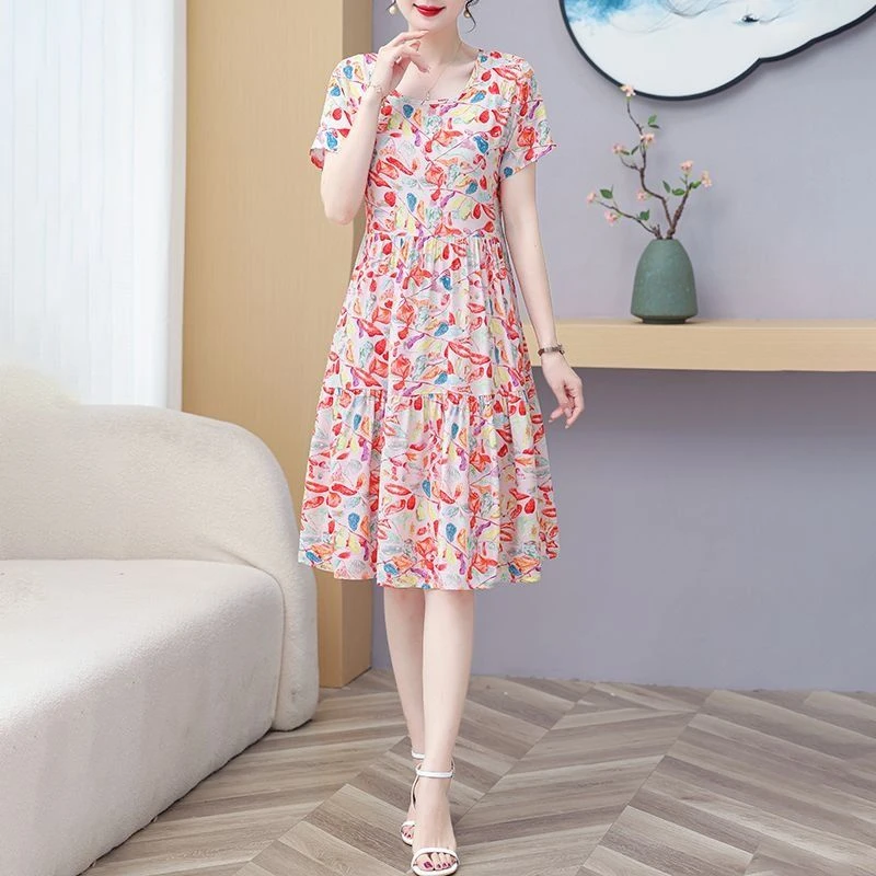 棉绸连衣裙女妈妈夏装新款中老年裙子大码宽松遮肚子气质碎花裙子