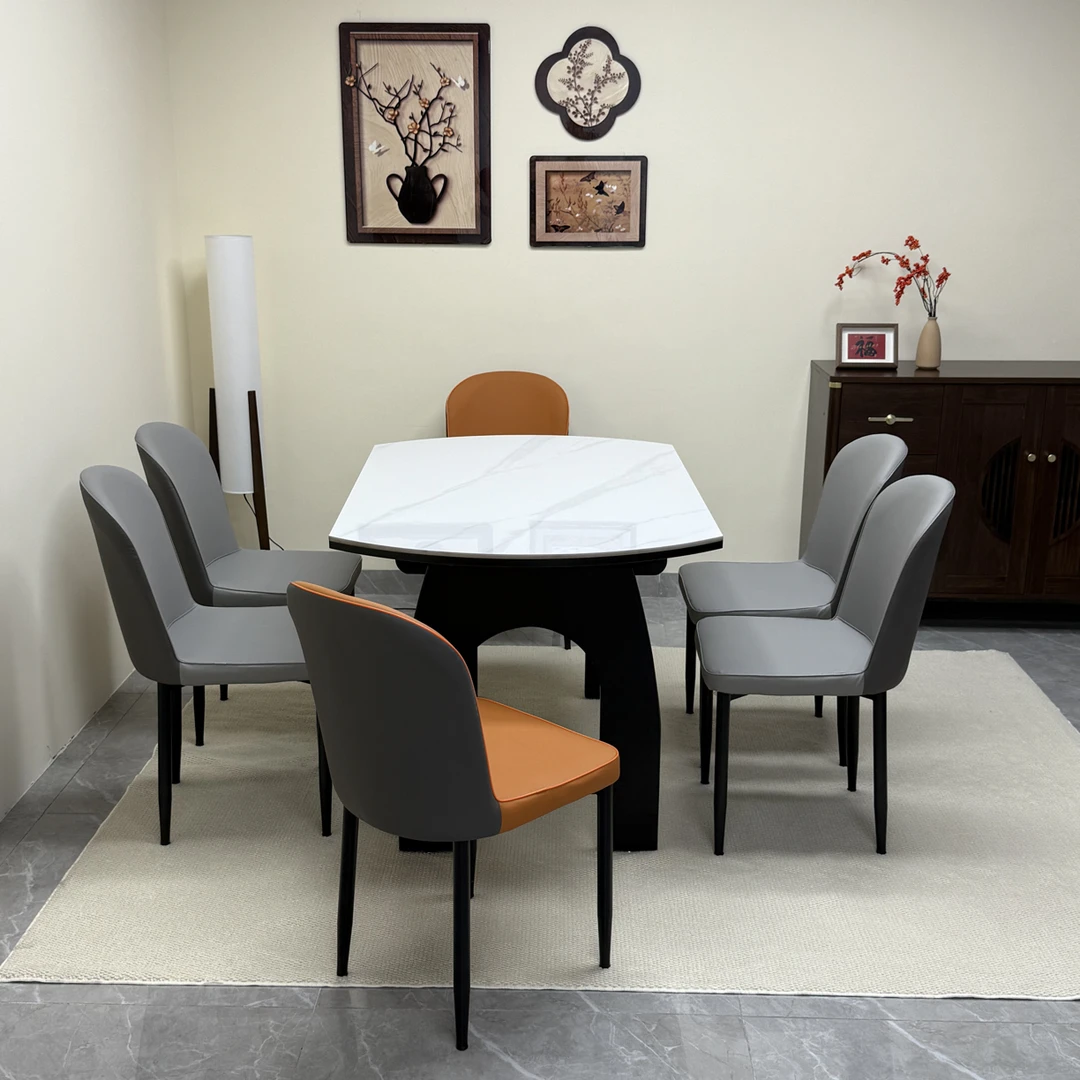 新款中古风白蜡木岩板餐桌凯旋门实木伸缩方圆两用家用客厅圆形桌