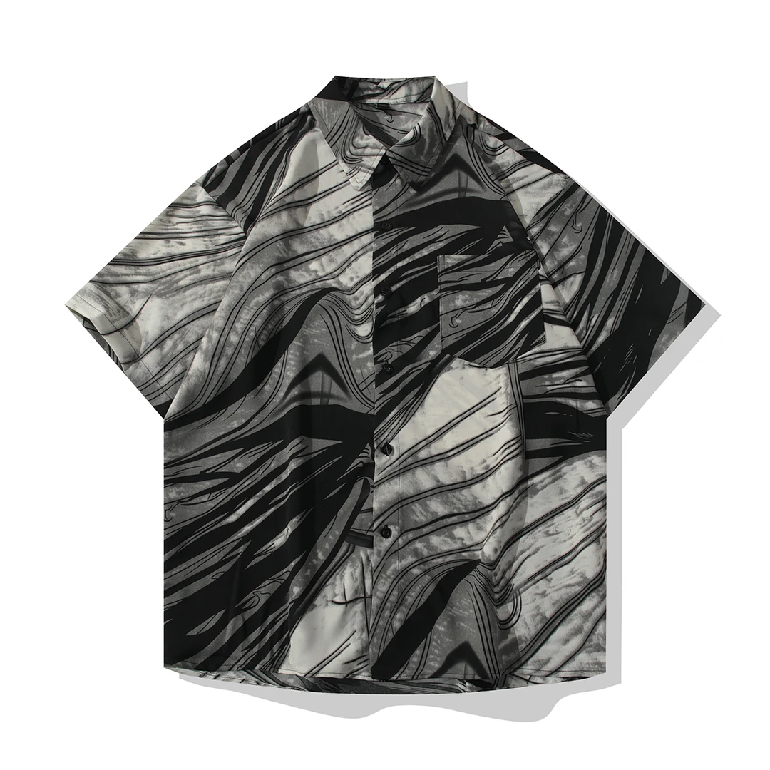 美式复古宽松短袖男冰丝衬衫ins夏季国潮休闲衬衣凉感透气五分袖