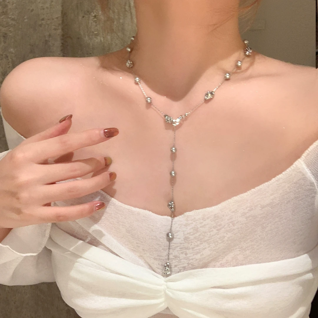 铜合金仿珍珠项链 法式轻奢金属巴洛克珍珠项链可多戴颈链毛衣链