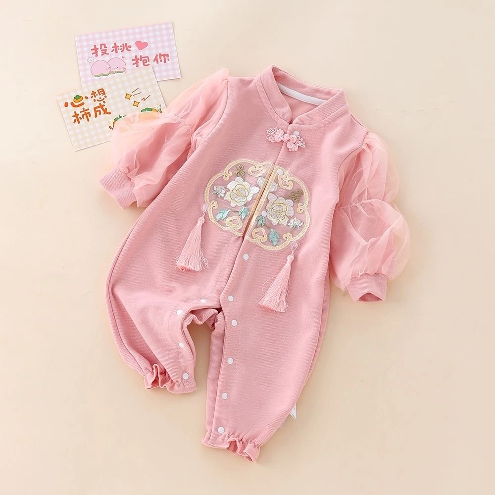 春季女宝宝国风连体衣新生儿中式满月百天周岁礼服洋气外穿哈衣