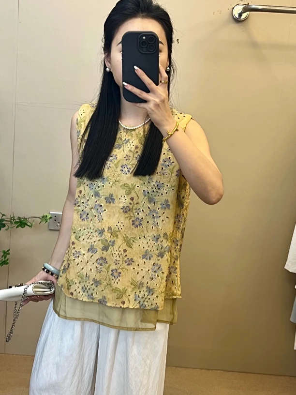 欧货微国风圆领拼接两件套无袖上衣