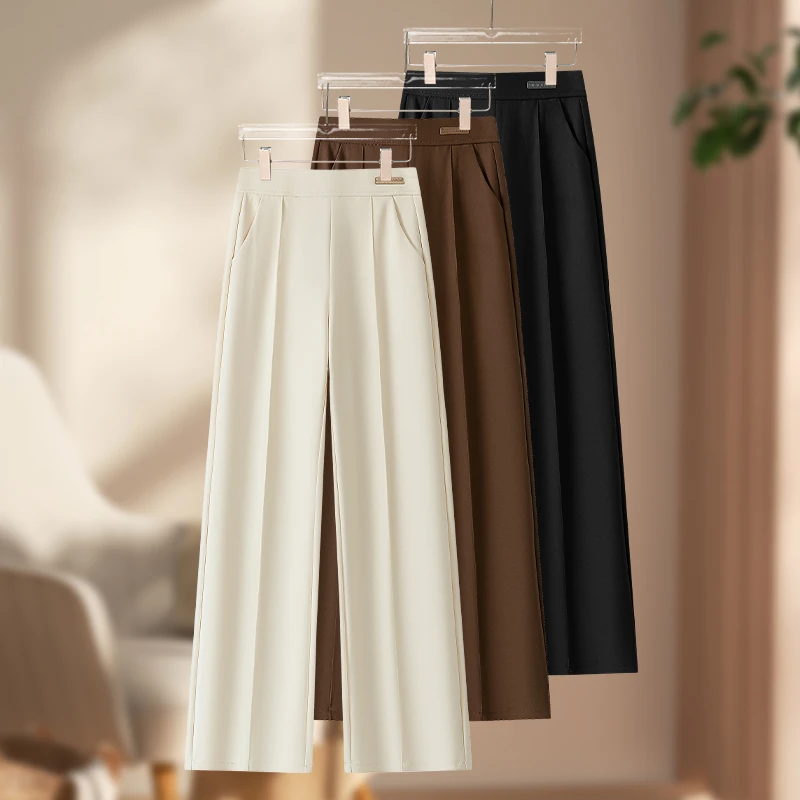 冰丝夏季直筒裤女新款高腰显瘦垂感修身透气黑色西装防皱裤子