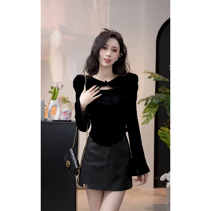 YUANLIANSU/圆脸酥【星星忆晚】秋季新款长袖丝绒上衣修身小衫T恤女