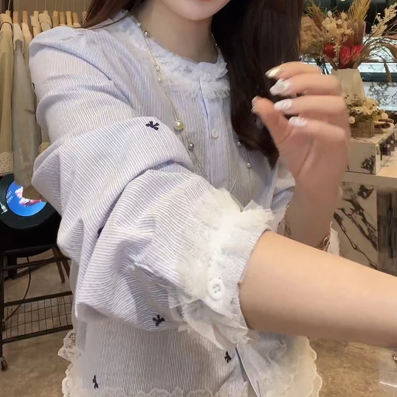 2025春夏新款设计感精致蝴蝶结条纹长袖衬衫上衣LK2502653