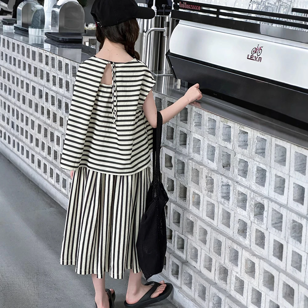 女童条纹无袖套装夏装小个子妈妈亲子装夏款MKX5134