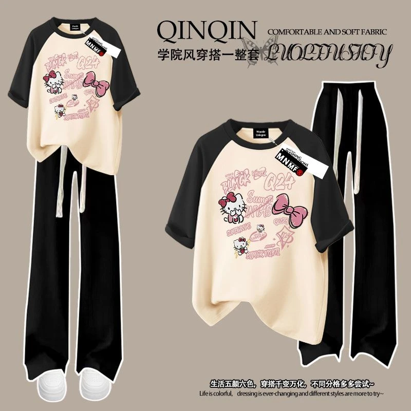 夏季新款凯蒂猫kitty女童纯棉插肩短袖t恤长裤套装中大童百搭上衣