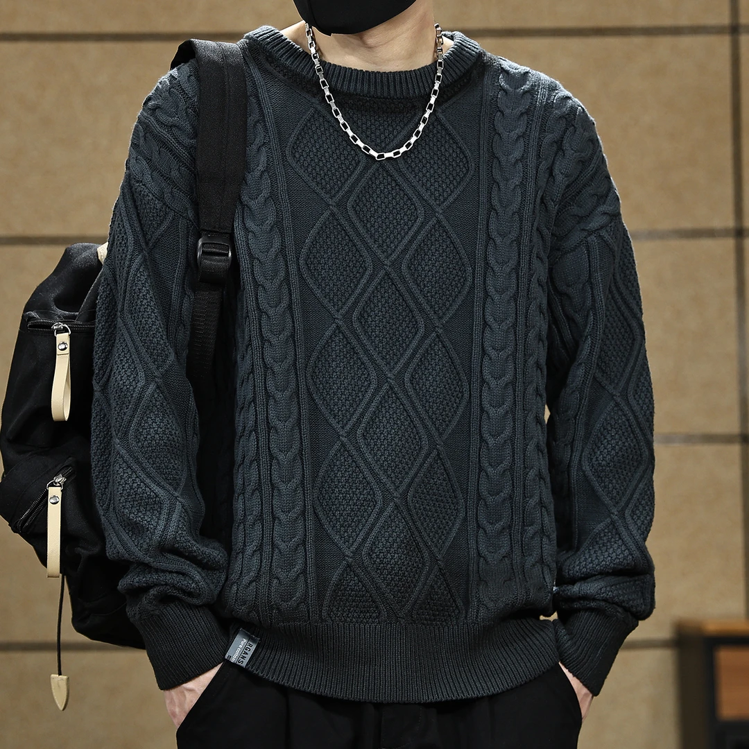 圆领粗针复古毛衣男冬季加厚宽松潮牌大码男士针织衫外套线衣男款
