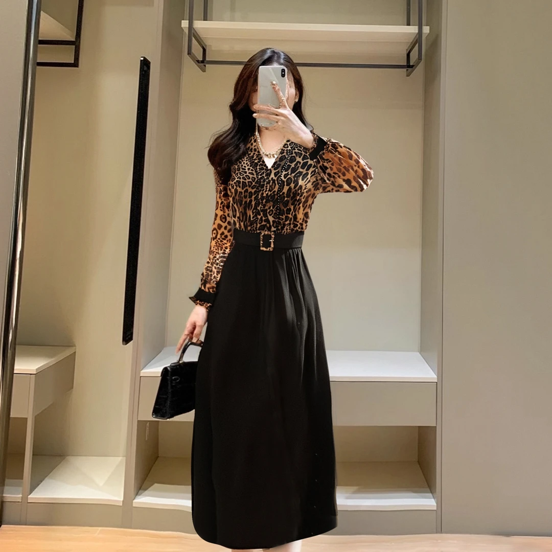 A有里布豹纹衬衫黑色垂感连衣裙珍珠项链女春夏时尚通勤裙子D0608