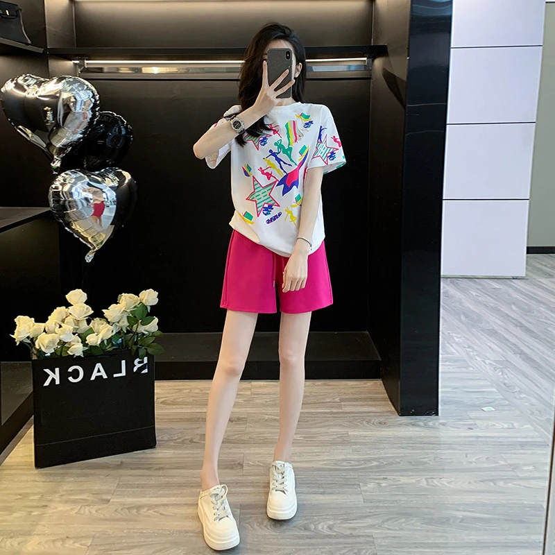 减龄洋气时尚印花短袖套装女夏休闲宽松运动服跑步短裤女装两件套