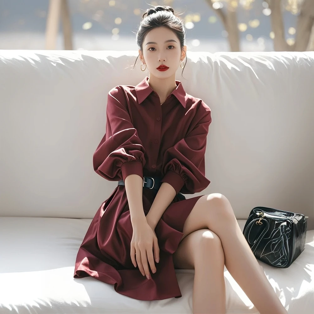 红色翻领长袖衬衫连衣裙早秋出席重要减龄气场强大收腰裙子女装