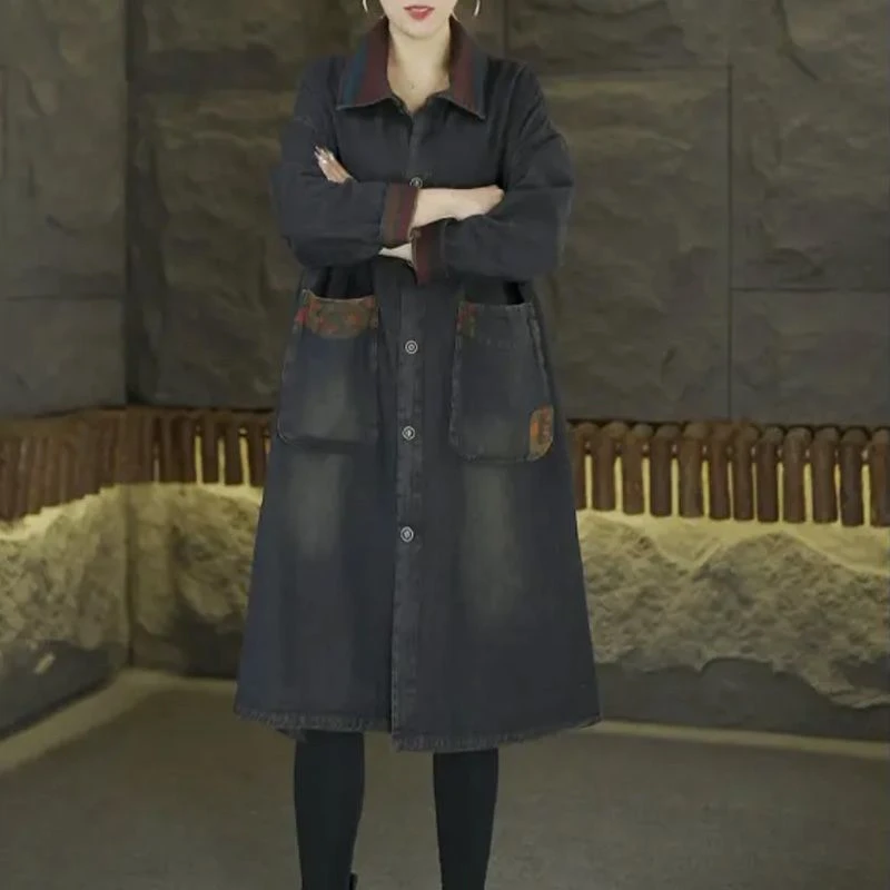 复古炒色牛仔新款袍子风衣外套时尚长款宽松休闲大码女装中长款女
