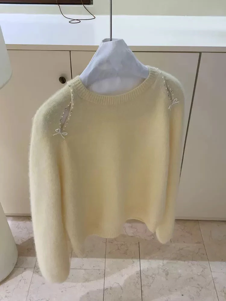 美美推荐1111 钉珠蝴蝶结镂空套头毛衣女设计感洋气百搭针织衫