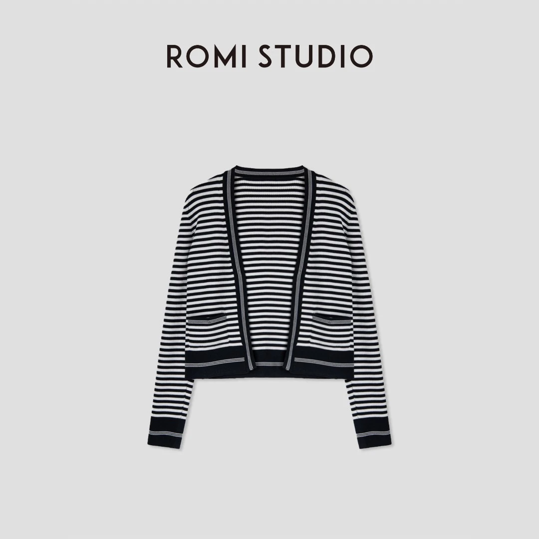 ROMI STUDIO"法式衣橱"清爽透气肌理感细致条纹显瘦针织开衫M3657