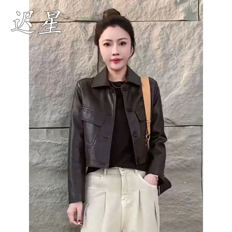 小个子翻领皮衣外套女2025春季新款时尚百搭休闲短款机车pu皮夹克