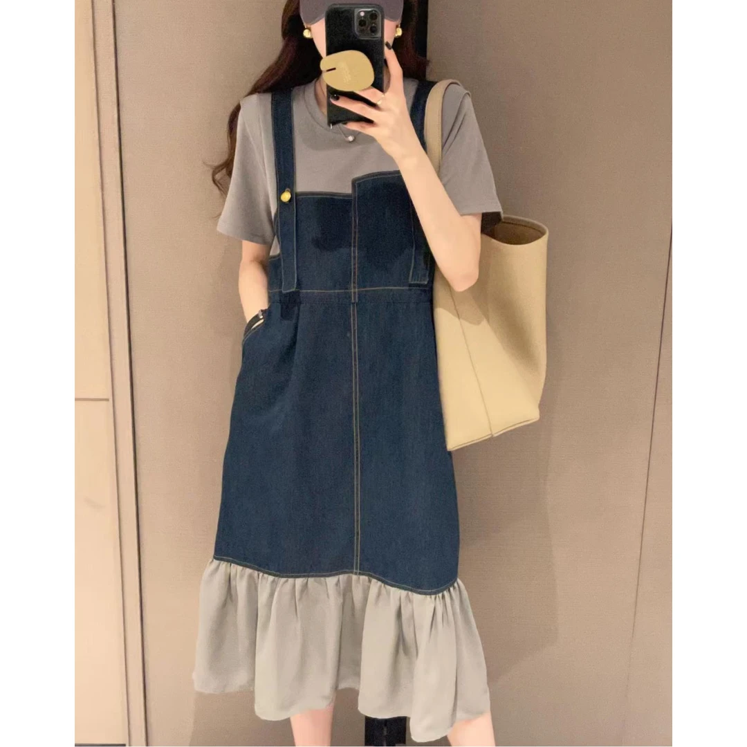 假两件牛仔拼接连衣裙女欧洲站2025夏季新款欧货收腰中长款背带裙