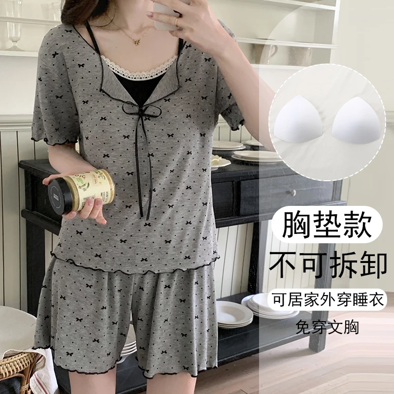 可外穿家居服女大码夏季2025年新款带胸垫短袖高颜值宽松睡衣套装