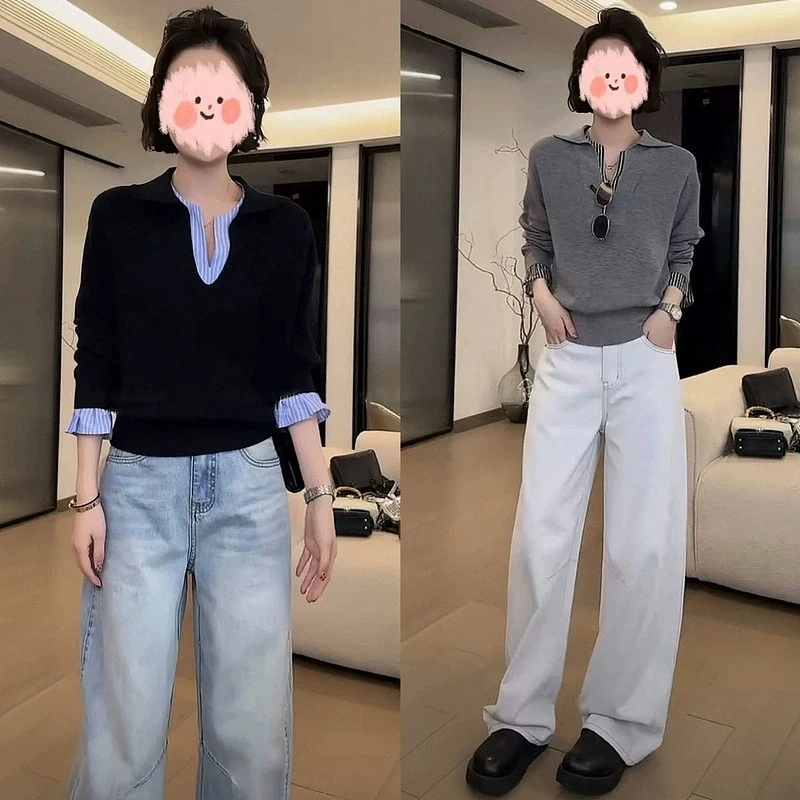 假两件撞色拼接条纹长袖针织衫女春秋新款设计感宽松显瘦百搭上衣