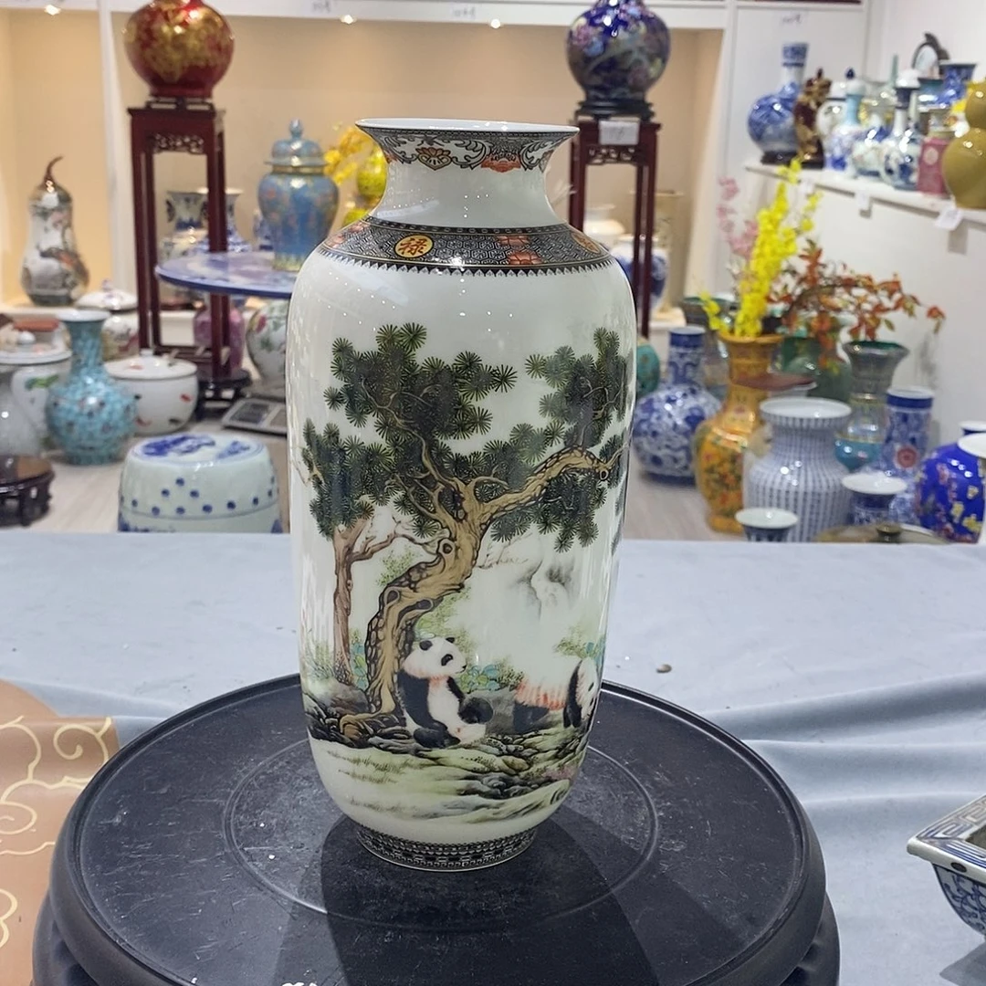 摆件陶25cm其乐融融熊猫瓶子