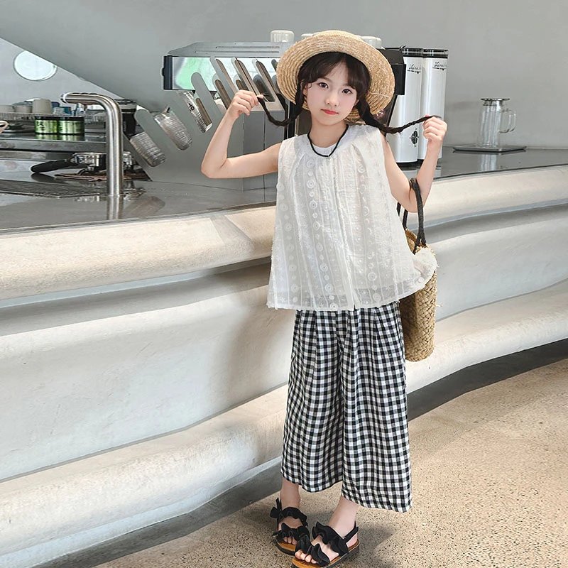 女大童阔腿裤套装夏季2025新款洋气女孩提花背心夏装娃娃衫两件套