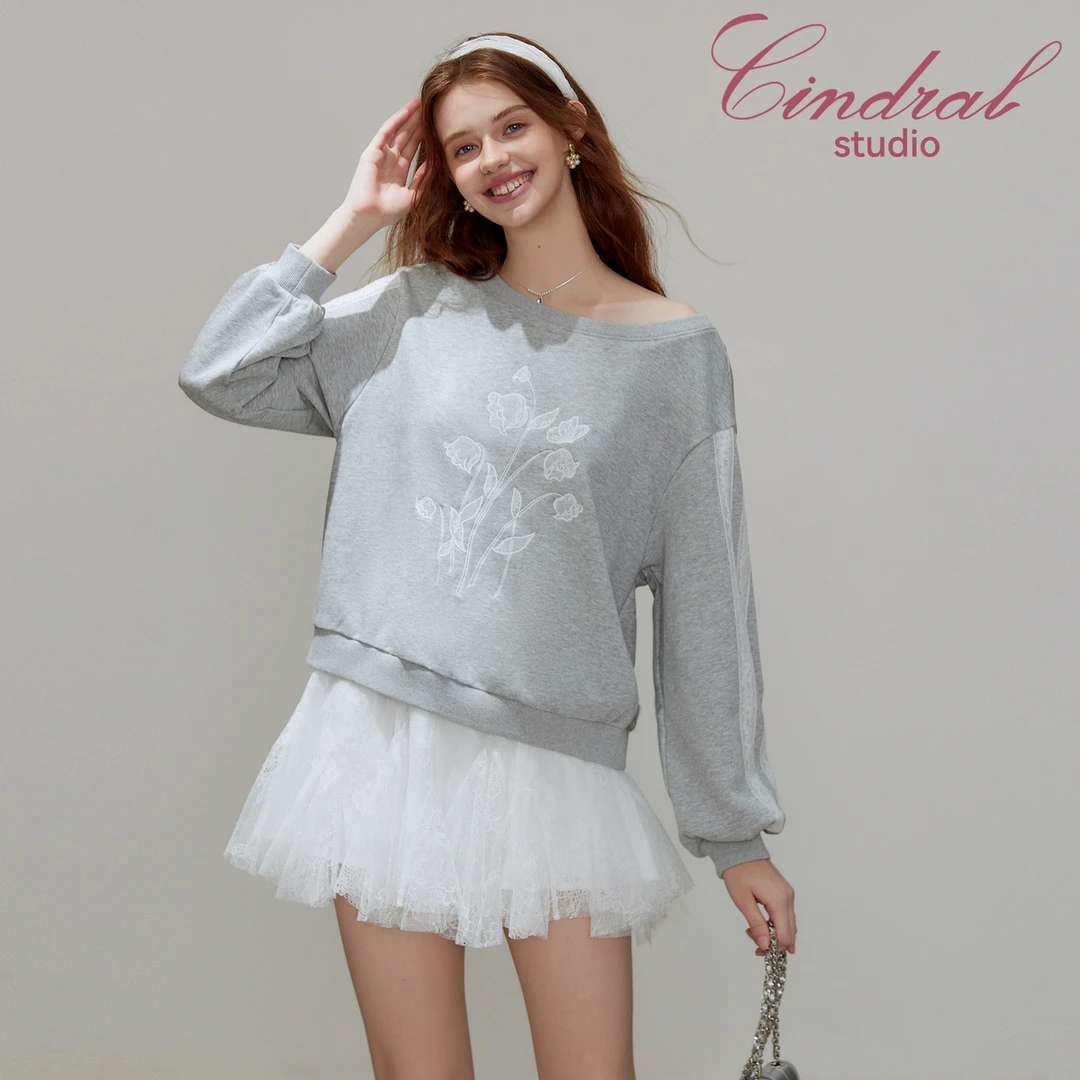 【熙地】花期之约酷飒风灰色休闲宽松百搭文艺圆领卫衣C85QA0513H