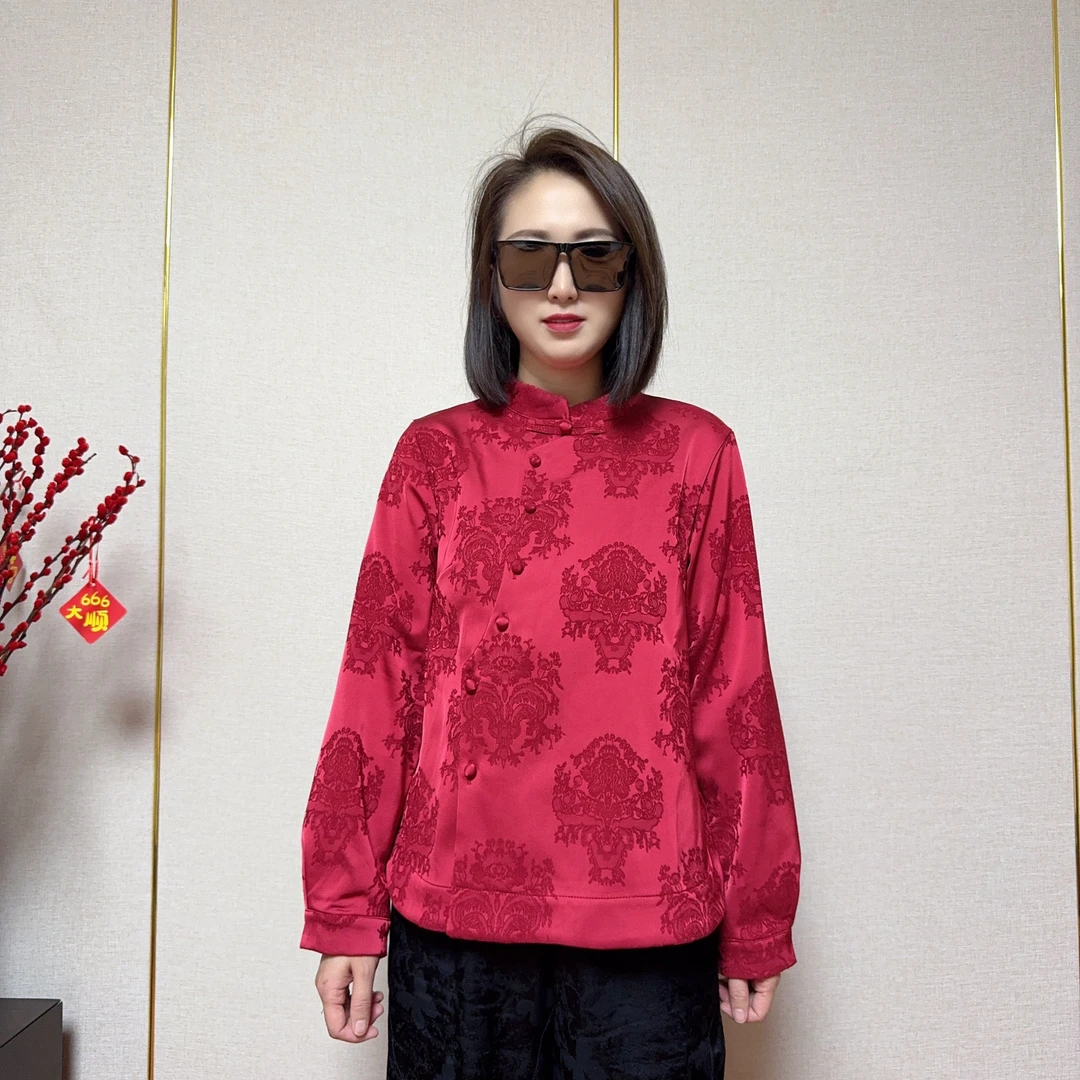 新中式国风加绒立领长袖印花盘扣显瘦百搭衬衫5312