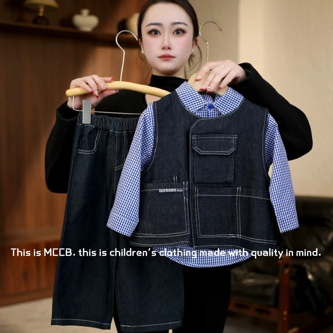 【鸭梨童品】2025春季儿童衬衫设计感牛仔新款三件套休闲男女童套装