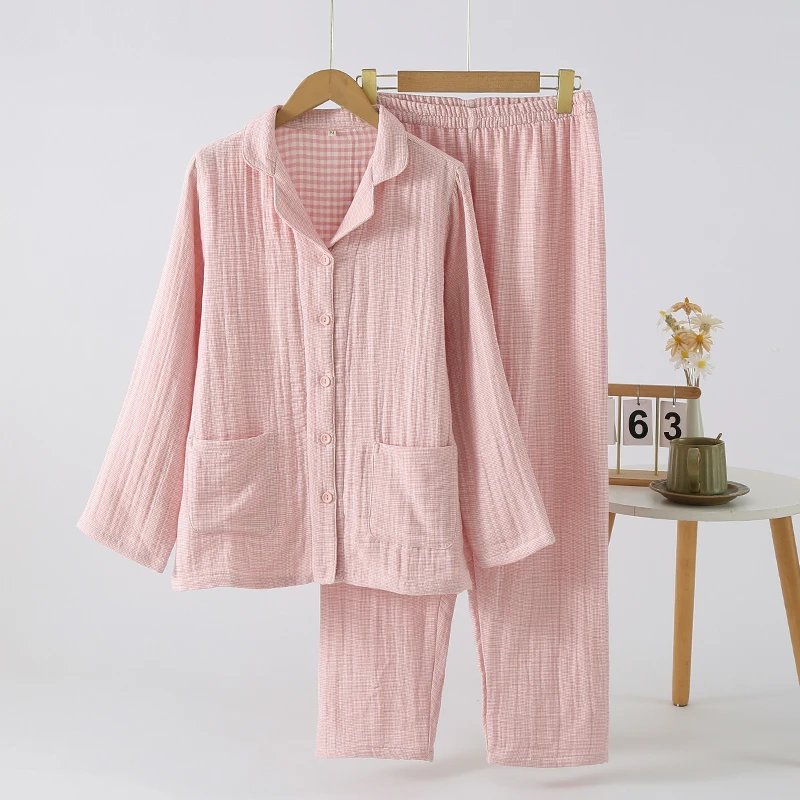新款四层纱纯棉中式包边翻领女士家居服长袖长裤睡衣套装可外穿