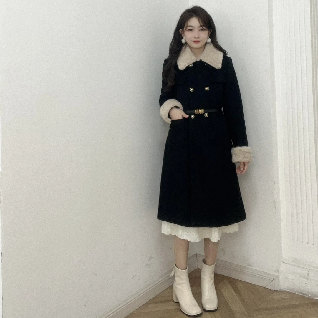 IEF/爱依服热力感冬春新款法式气质【小个子】时尚呢绒长外套