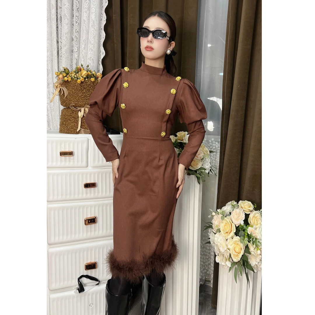 设计师长袖轻奢立领复古裙子连衣裙短裙时尚服装高腰裙