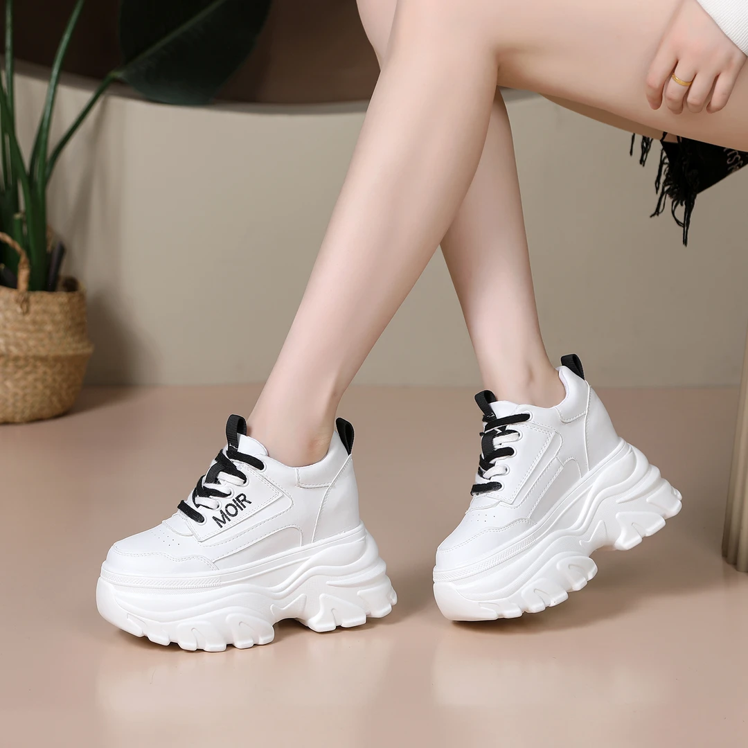 超高跟10-12cm内增高女鞋春秋新款厚底鞋时尚百搭小白鞋女老爹鞋