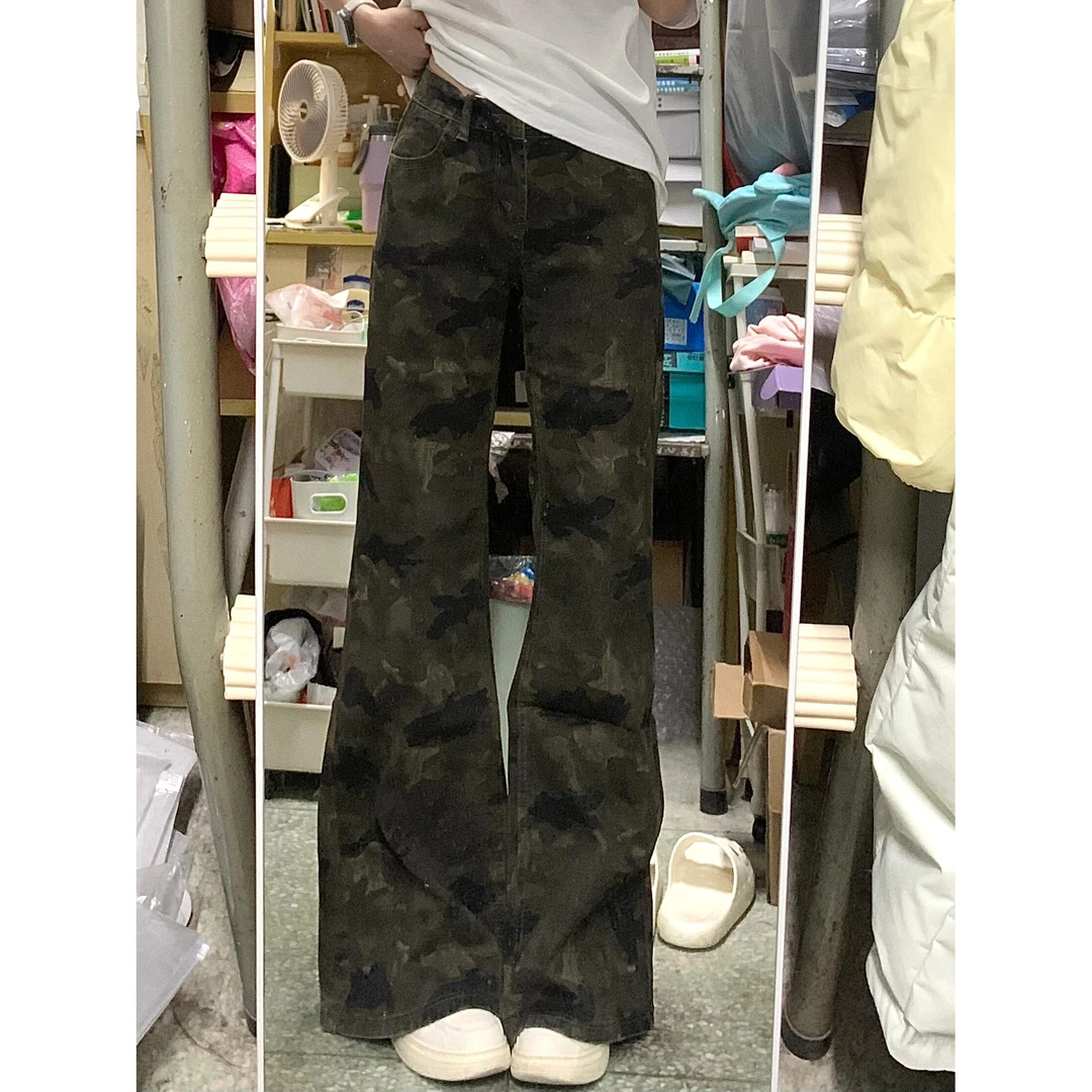 大码辣妹低腰迷彩微喇牛仔裤女2025夏季新款美式高级感百搭喇叭裤