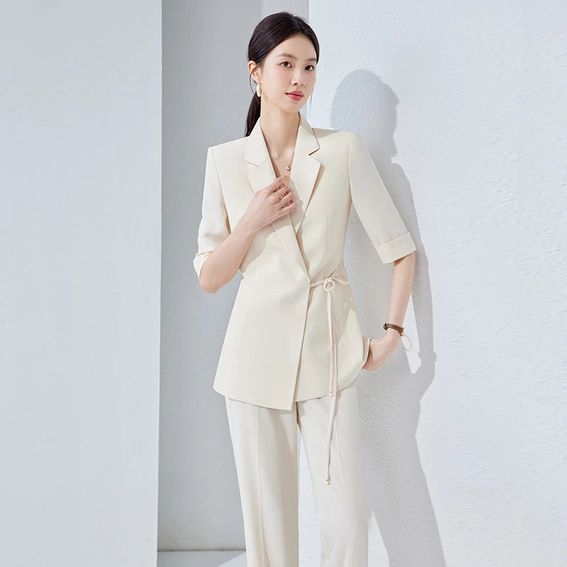 新款米黄色高级醋酸短袖西服外套工作服时尚气质休闲西装套装