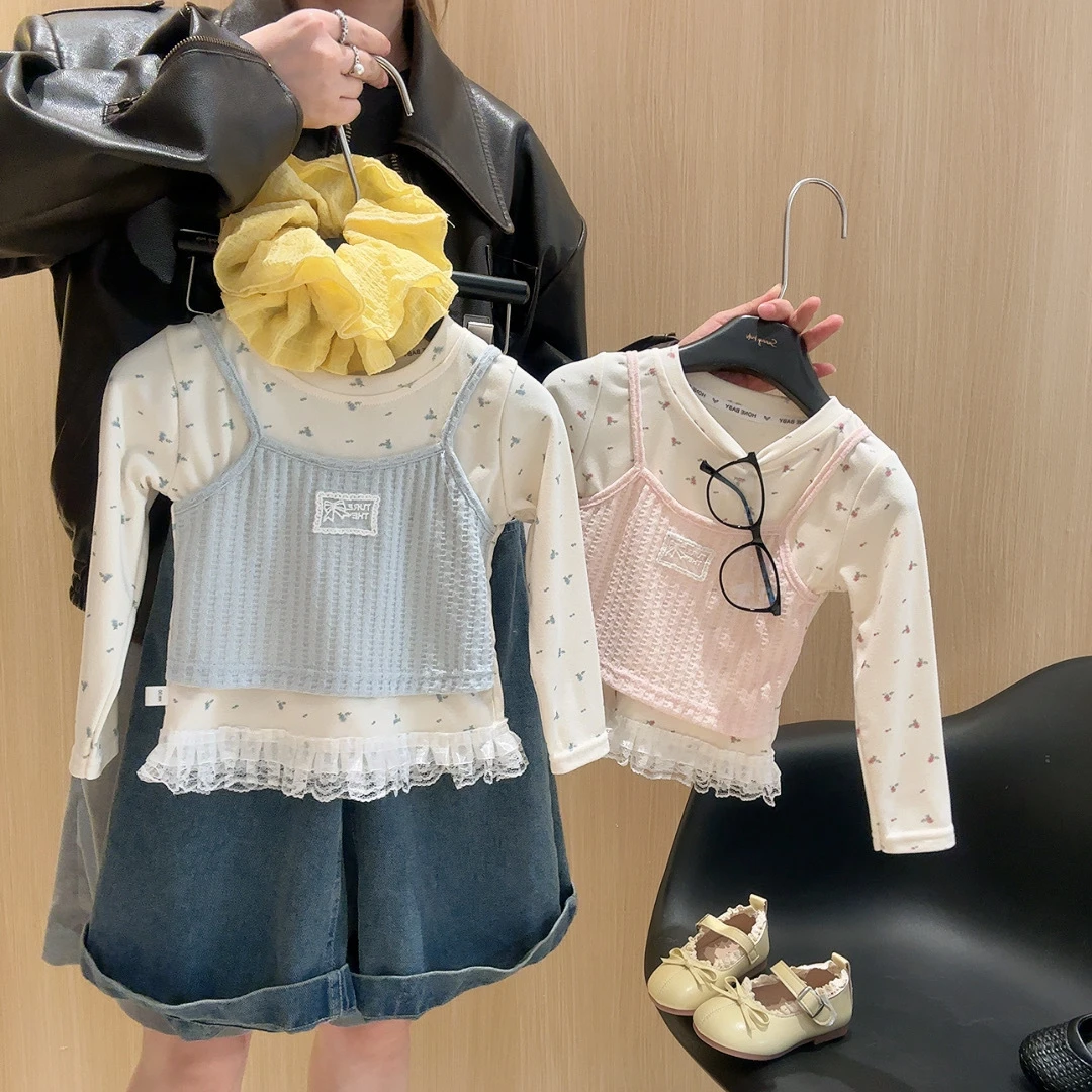 【秋上新】韩系女童秋季小清新打底衫蕾丝花边假两件上衣长袖儿童