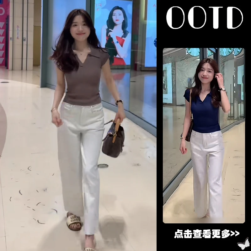 夏季流行穿搭一整套女2025新款韩版翻领短袖T恤百搭牛仔裤两件套