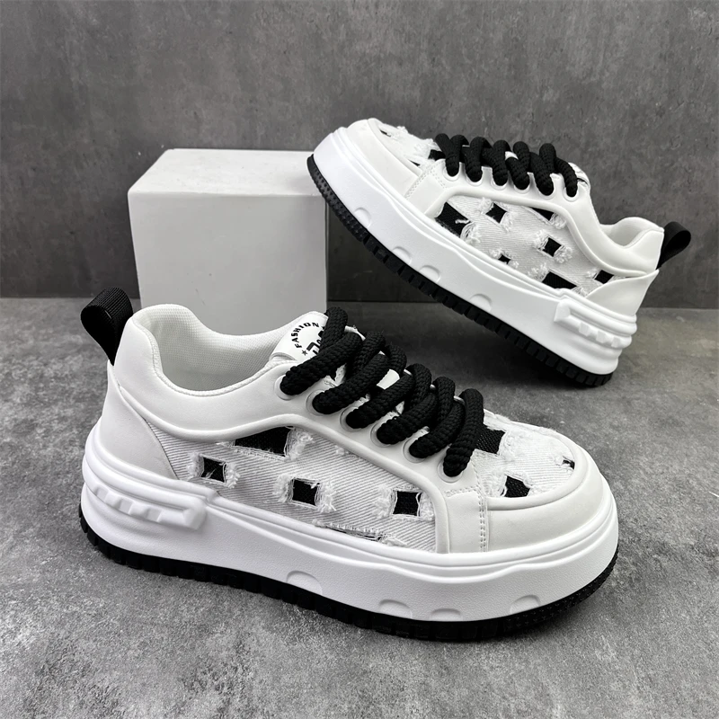 男鞋2025夏季新款时尚百搭小白鞋增高厚底板鞋布面破洞透气休闲鞋