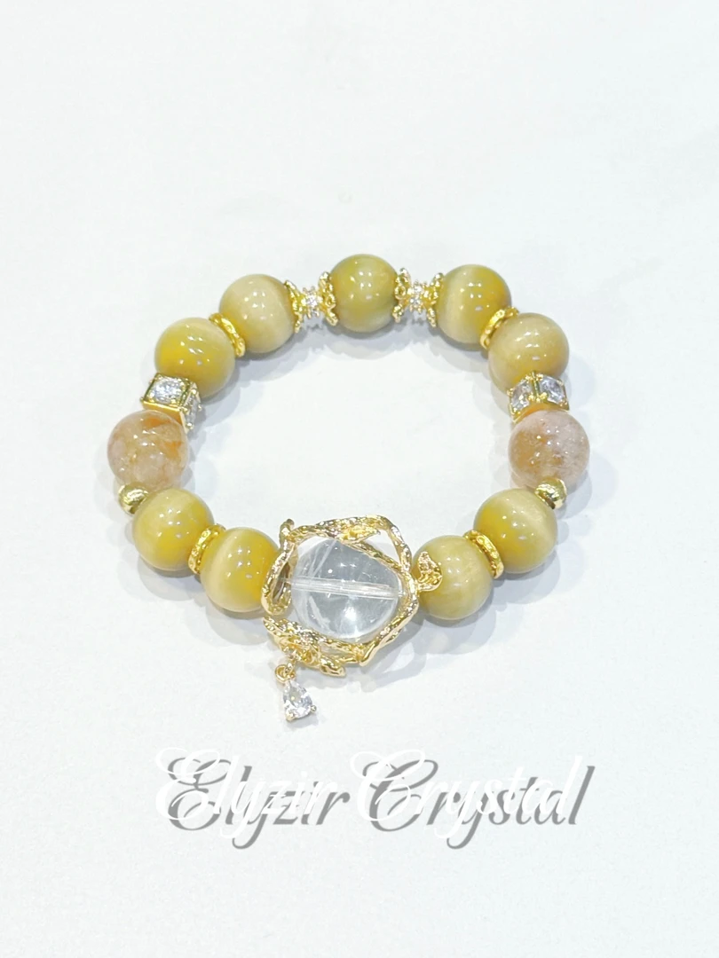 「且予」虎晶金玫-12mm金虎眼金跑环白水晶原创设计水晶手串