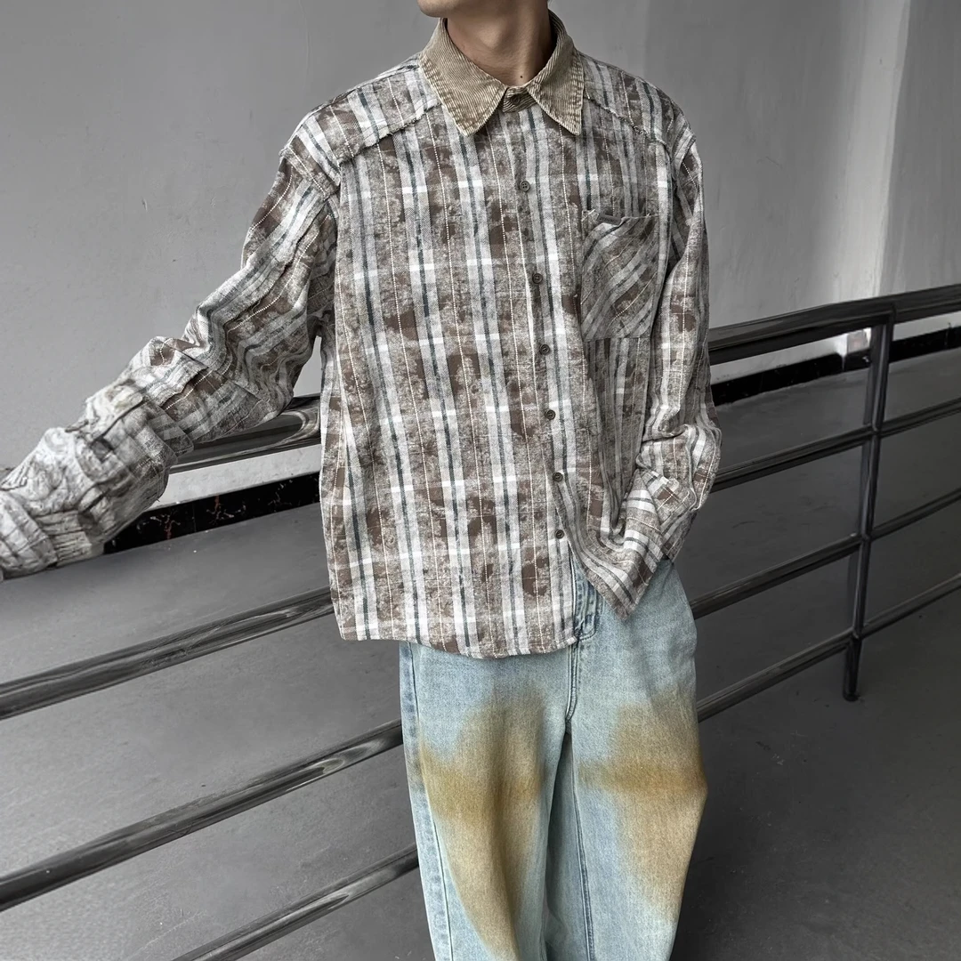 春夏美式复古格子衬衣外套灯芯绒条纹衬衫休闲春季网格宽松长袖