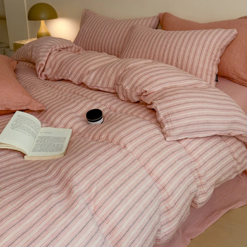 【超级红】粉米 全棉皱皱纱色织提花四件套-午逅系列