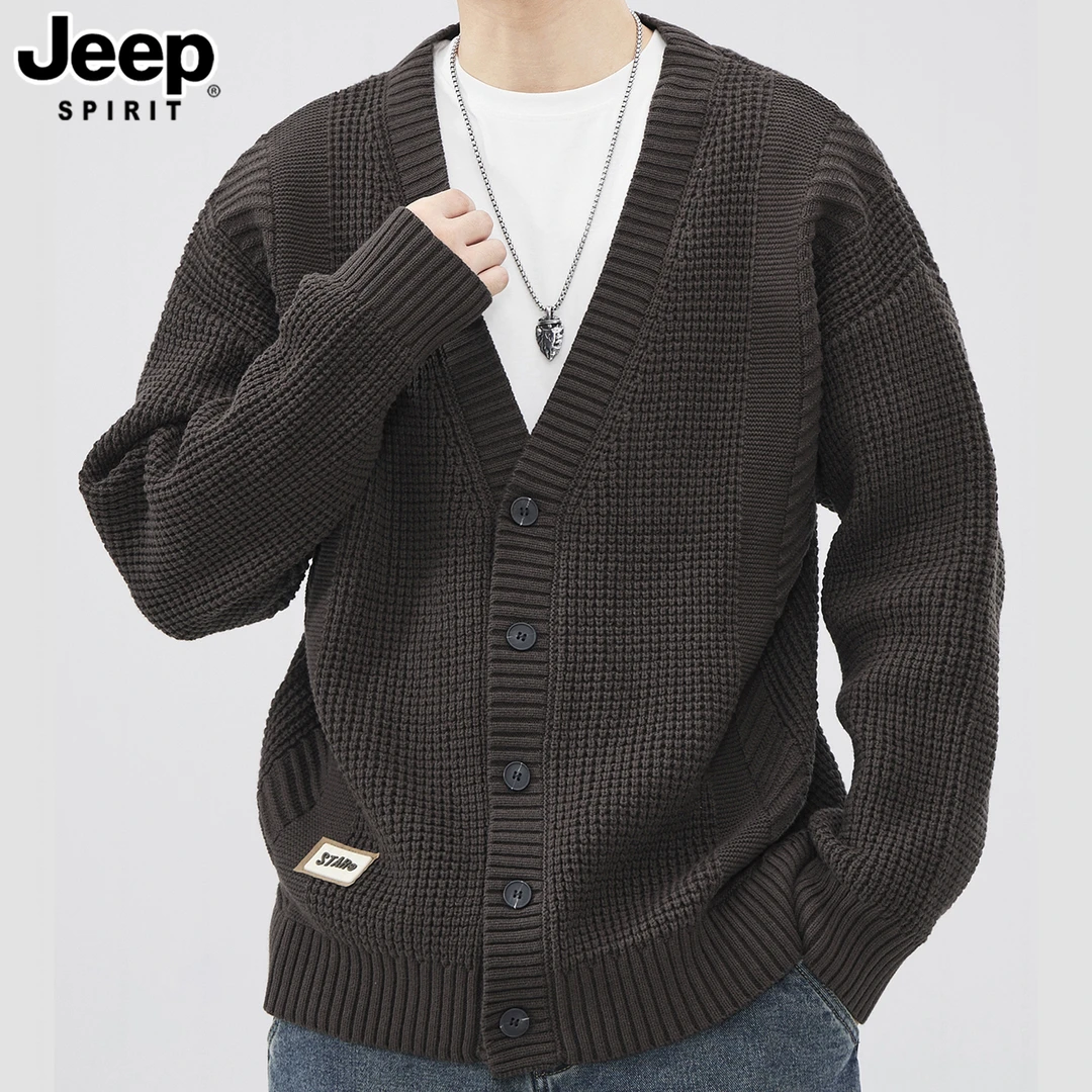 吉普男士日系复古V领毛衣开衫重磅秋冬款宽松百搭针织开衫外套男