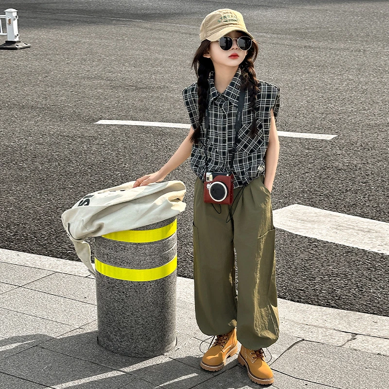 女孩洋气无袖格子衬衫套装潮酷儿童夏季新款时髦休闲工装裤两件套