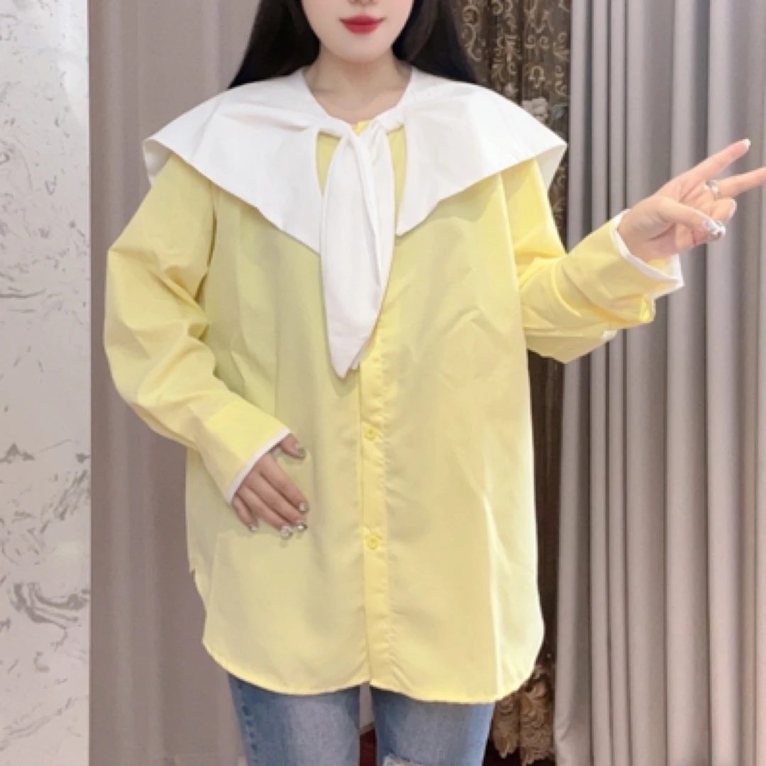 大码女装海军领长袖衬衫女中长款遮臀显瘦撞色披肩设计感上衣